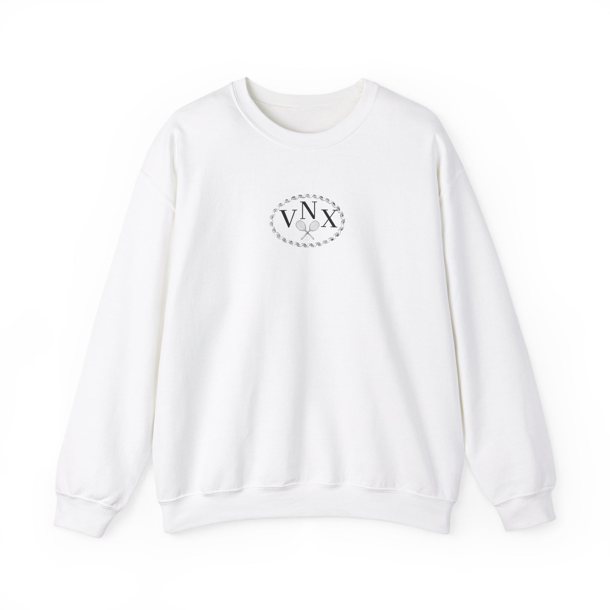 white VANDOX Tennis Court Crewneck with VNX Vandox logo and tennis court design and "Winners From Passion" slogan. Starboy old money hoodie sweatshirt clothes vandox sacrevandox vandox clothes vandox clothing crewneck