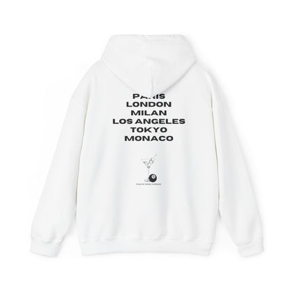 White Vandox Global Cities Fashion Hoodie with Paris, London, Milan, Los Angeles, Tokyo, Monaco text. Starboy old money hoodie sweatshirt clothes vandox sacrevandox vandox clothes vandox clothing autumn clothes fall clothes