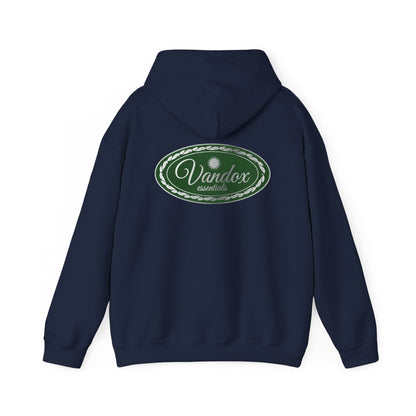 Dark blue navy Vandox Essential Crest Hoodie with a minimalist white embroidered crest logo on the front, backside showcasing a bold green crest logo with elegant vine details, designed for modern style perfect for casual and streetwear looks. Starboy old money hoodie sweatshirt clothes vandox sacrevandox vandox clothes vandox clothing