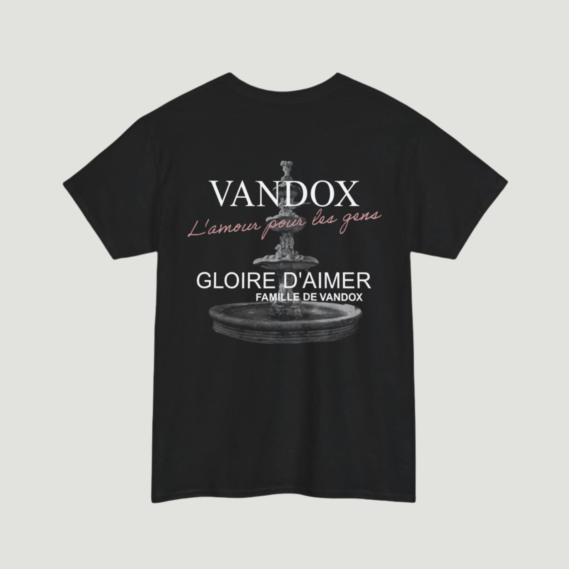 Black Vandox Fontaine d’Amour T‑Shirt with ornate French fountain graphic and romantic French script phrases. Starboy old money shirt tshirt clothes vandox sacrevandox vandox clothes vandox clothing