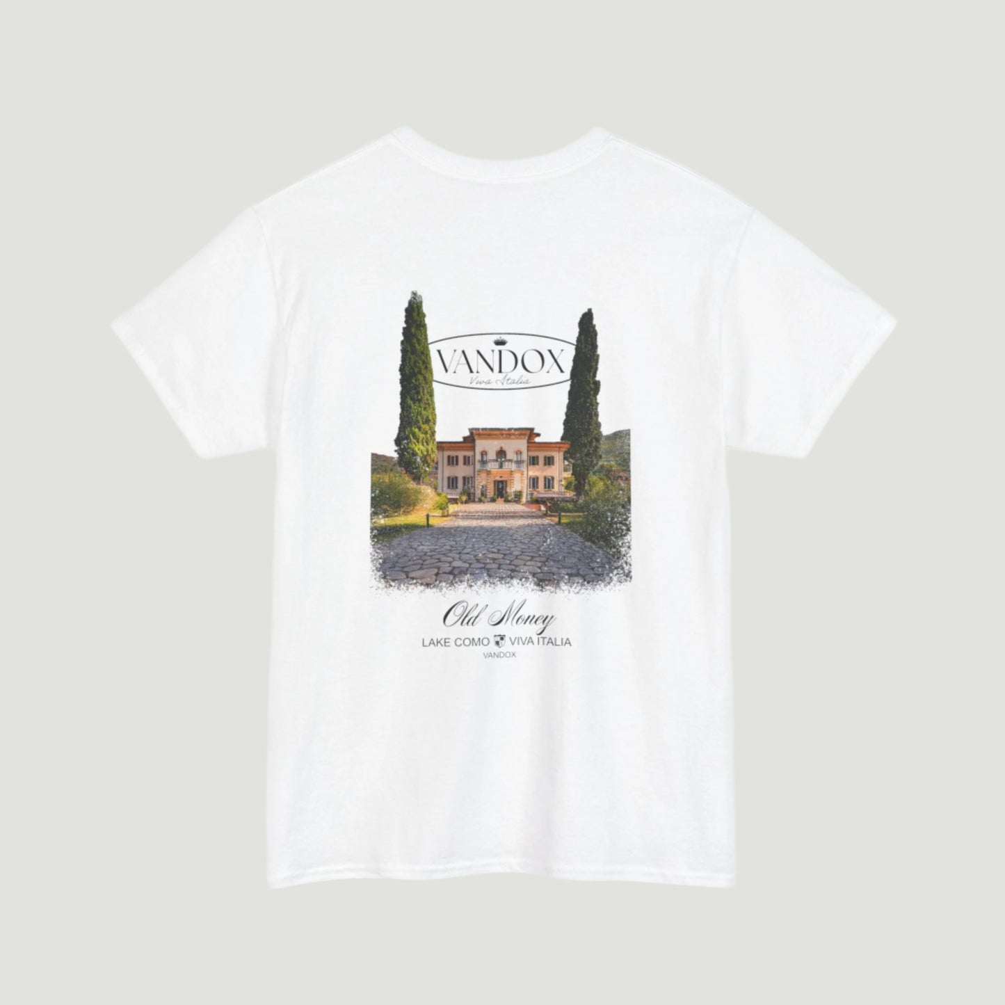 Eggshell White Villa Fortune T-Shirt by Vandox featuring Lake Como villa graphic with "Old Money" text, part of the SS25 collection. Starboy old money shirt tshirt clothes vandox sacrevandox vandox clothes vandox clothing