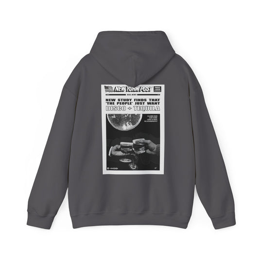 Charcoal Vandox graphic Hoodie with newspaper-style graphic Disco + Tequila Graphic Hoodie back view - Vandox. Starboy old money hoodie sweatshirt clothes vandox sacrevandox vandox clothes vandox clothing