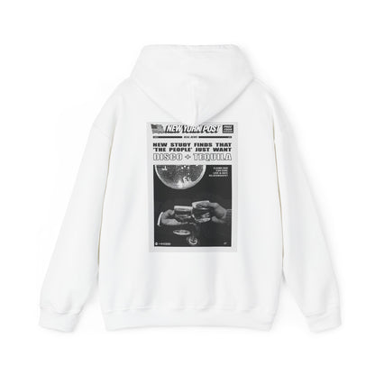 White Vandox graphic Hoodie with newspaper-style graphic Disco + Tequila Graphic Hoodie back view - Vandox. Starboy old money hoodie sweatshirt clothes vandox sacrevandox vandox clothes vandox clothing