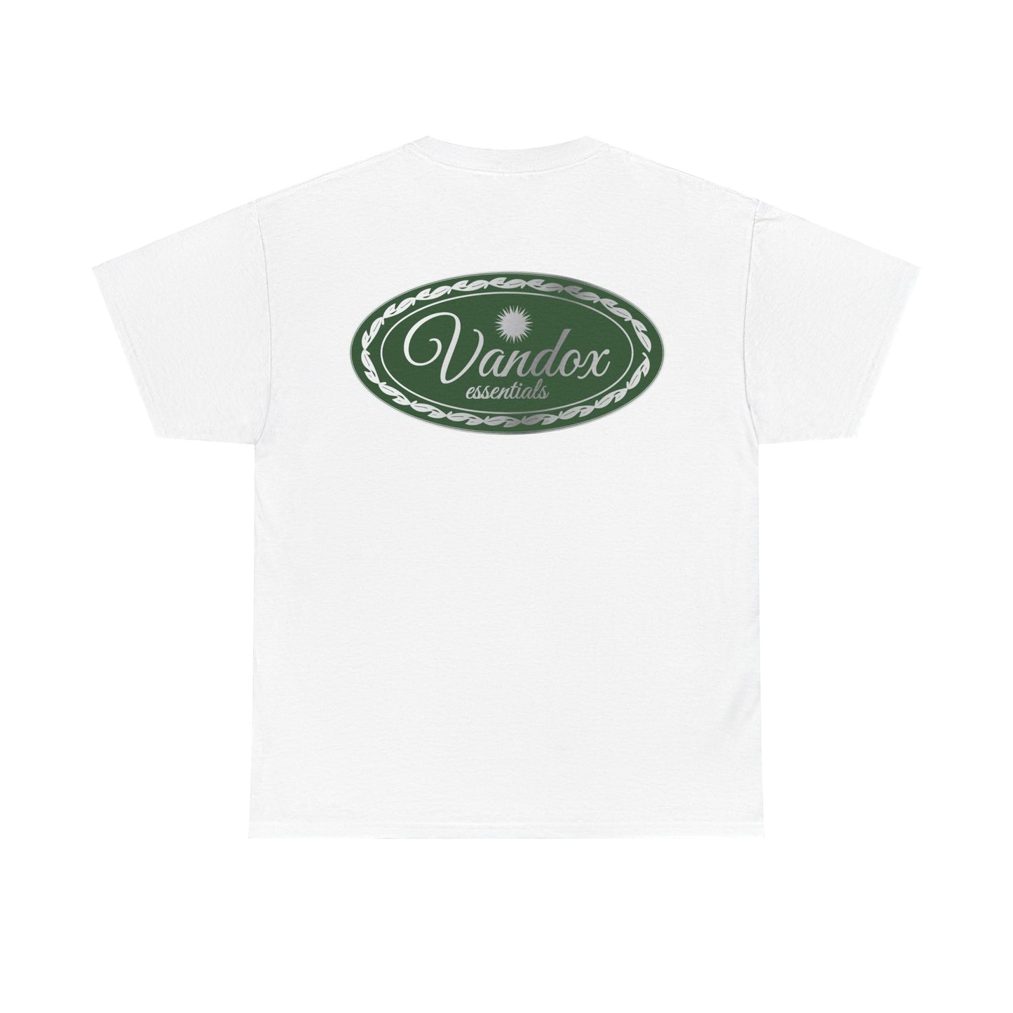 White Vandox Essential crest T-shirt featuring a small black-and-white logo on the front chest and a bold green oval logo design on the back, crafted from soft, breathable cotton. Starboy old money shirt tshirt clothes vandox sacrevandox vandox clothes vandox clothing