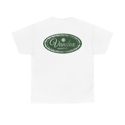 White Vandox Essential crest T-shirt featuring a small black-and-white logo on the front chest and a bold green oval logo design on the back, crafted from soft, breathable cotton. Starboy old money shirt tshirt clothes vandox sacrevandox vandox clothes vandox clothing