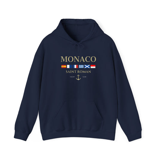  Navy blue Vandox Monaco Saint Roman Yacht Club Hoodie with international flags and anchor graphic on the front and crossed nautical flags with "Yacht Club" on the back. Starboy old money hoodie sweatshirt clothes vandox sacrevandox vandox clothes vandox clothing