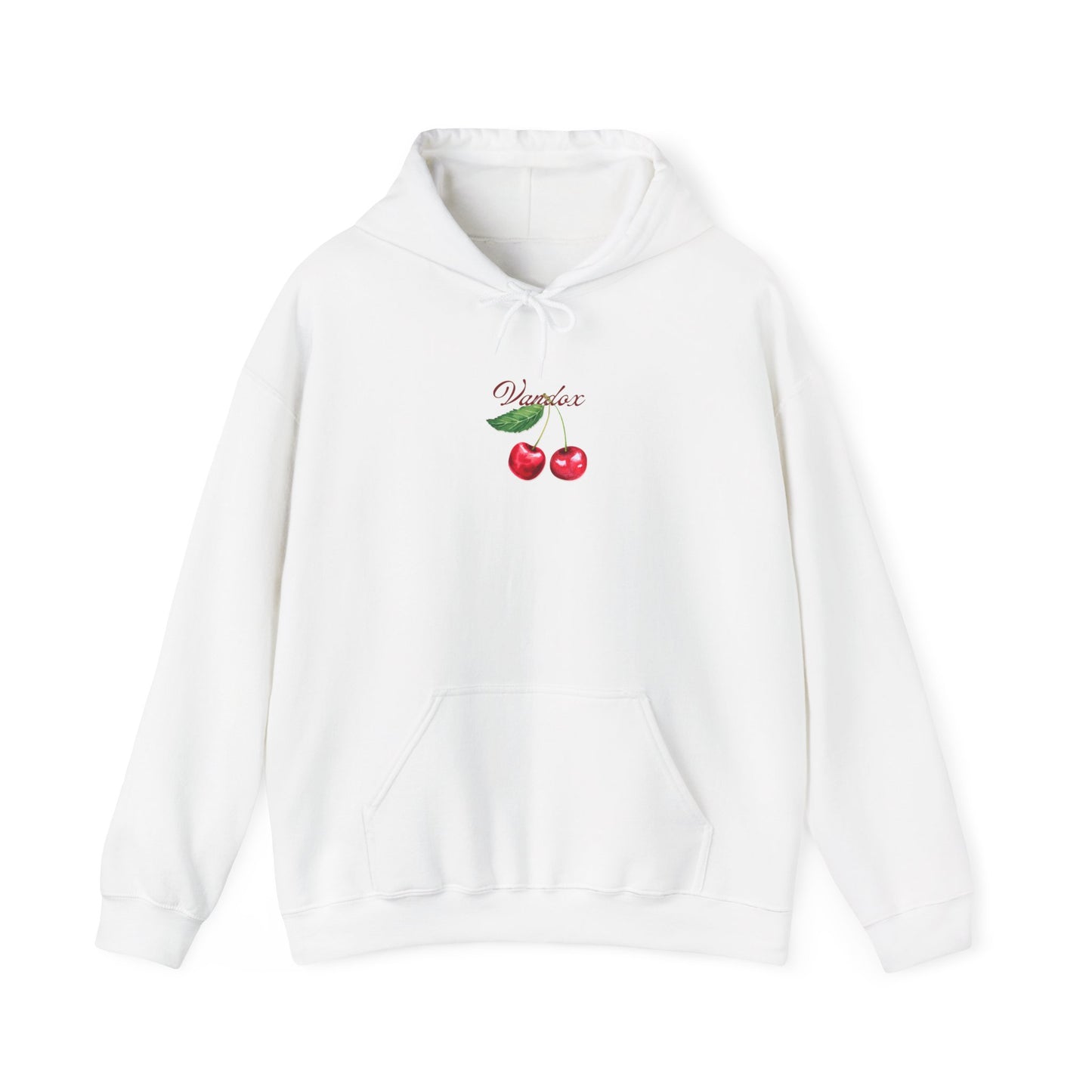 White Vandox hoodie front featuring an embroidered cherry graphic and Vandox logo; back of hoodie with a bold cherry illustration and elegant script. Starboy old money hoodie sweatshirt clothes vandox sacrevandox vandox clothes vandox clothing