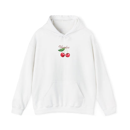 White Vandox hoodie front featuring an embroidered cherry graphic and Vandox logo; back of hoodie with a bold cherry illustration and elegant script. Starboy old money hoodie sweatshirt clothes vandox sacrevandox vandox clothes vandox clothing