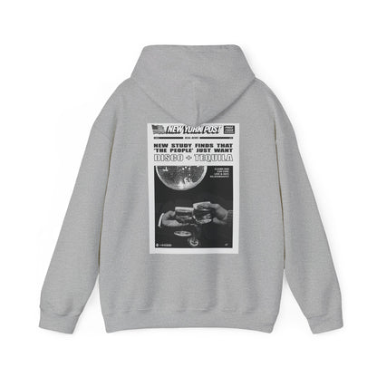 Grey Vandox graphic Hoodie with newspaper-style graphic Disco + Tequila Graphic Hoodie back view - Vandox. Starboy old money hoodie sweatshirt clothes vandox sacrevandox vandox clothes vandox clothing