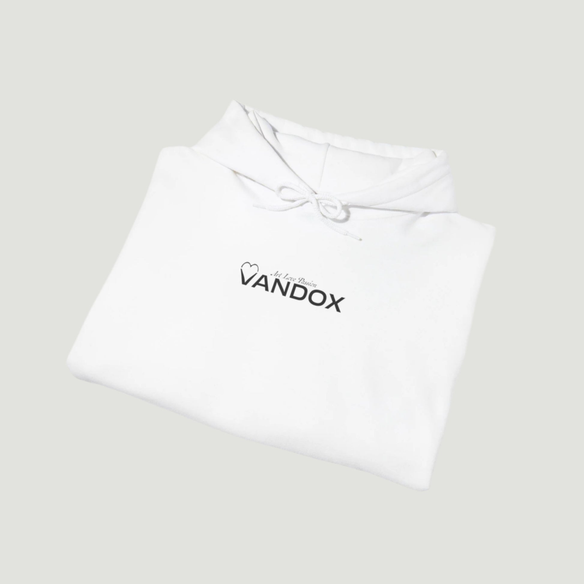 Eggshell White Vandox Signature Hoodie featuring classic logo print and “À la Love Divine” tagline, part of the SS25 quiet luxury collection. Starboy old money hoodie sweatshirt clothes vandox sacrevandox vandox clothes vandox clothing