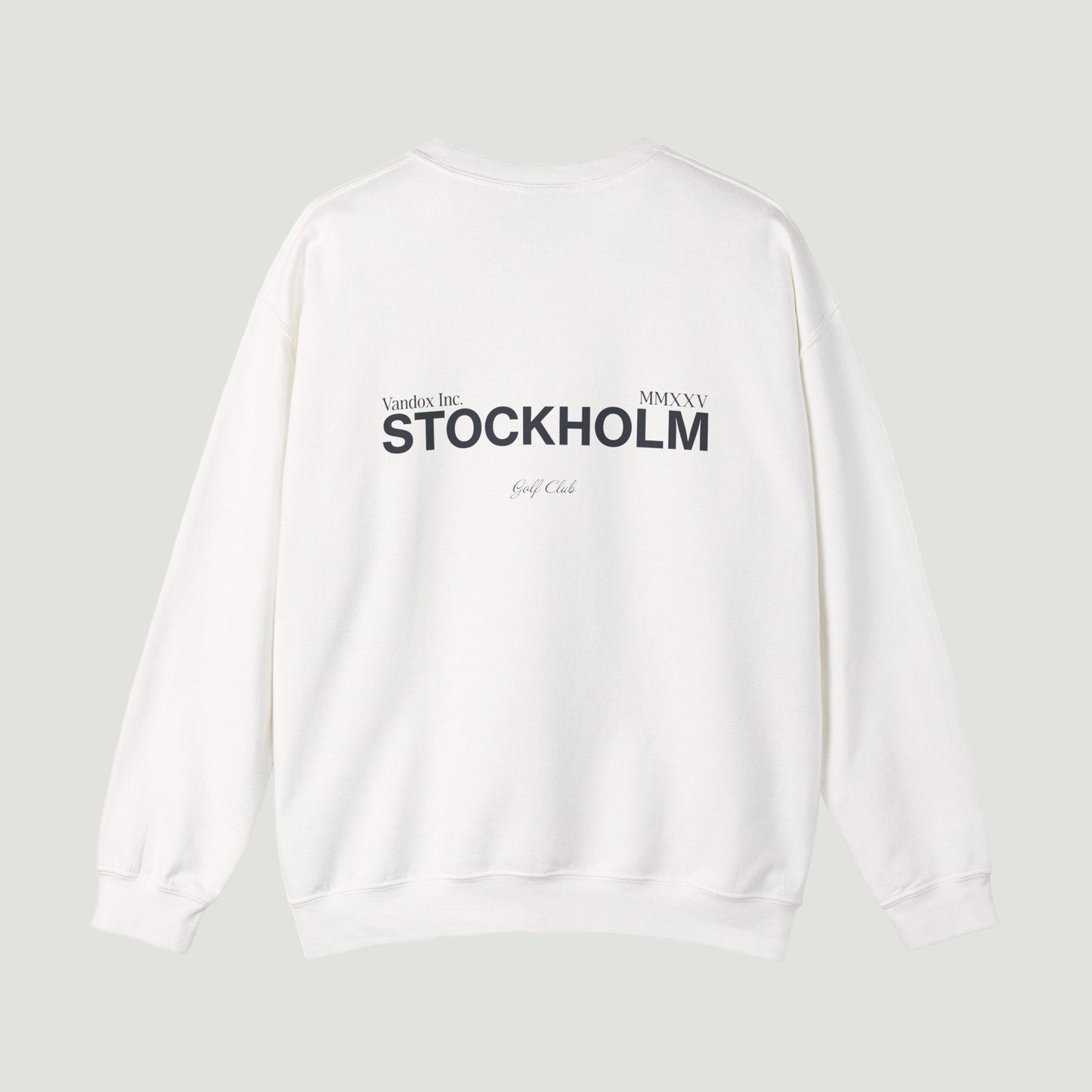 Back view of the Eggshell White Vandox Stockholm Crewneck featuring bold “STOCKHOLM” and “Vandox Inc. MMXXV Golf Club” text. Starboy old money hoodie sweatshirt clothes vandox sacrevandox vandox clothes vandox clothing crewneck 