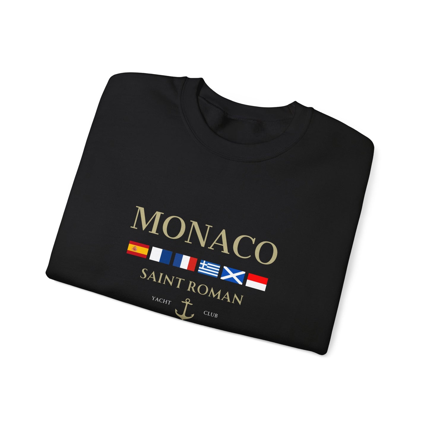 Black Vandox Monaco Saint Roman Yacht Club crewneck with international flags and anchor graphic on the front and crossed nautical flags with "Yacht Club" on the back. Starboy old money hoodie sweatshirt clothes vandox sacrevandox vandox clothes vandox clothing crewneck