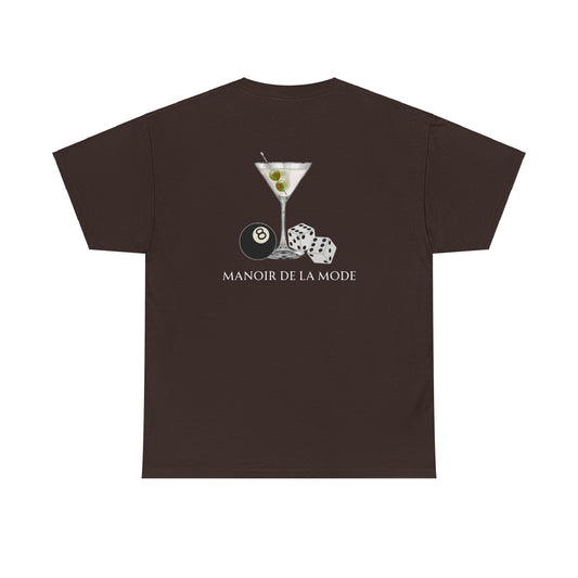 Espresso brown graphic t-shirt with a martini glass, dice, and an 8-ball illustration, paired with "Manoir de la Mode" text beneath. Starboy old money shirt tshirt clothes vandox sacrevandox vandox clothes vandox clothing