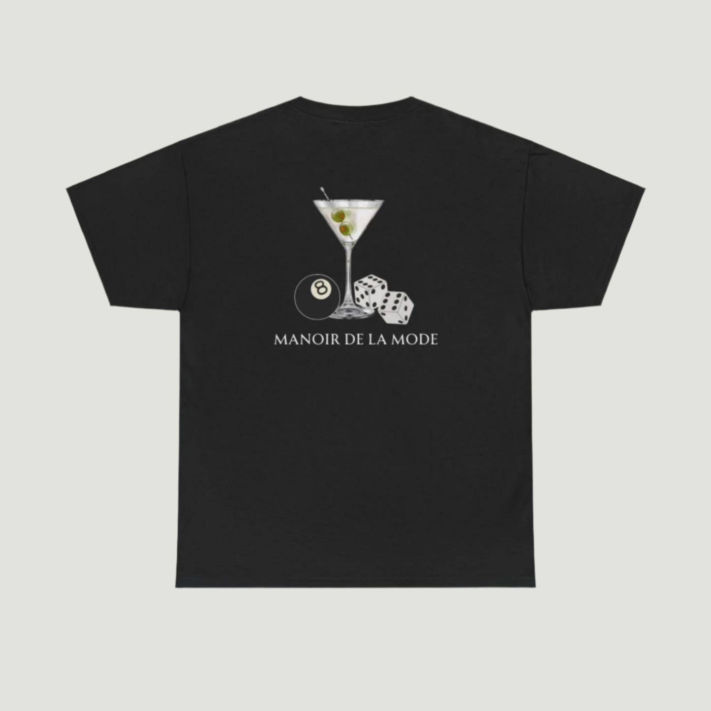 Black graphic t-shirt with a martini glass, dice, and an 8-ball illustration, paired with "Manoir de la Mode" text beneath. Starboy old money shirt tshirt clothes vandox sacrevandox vandox clothes vandox clothing
