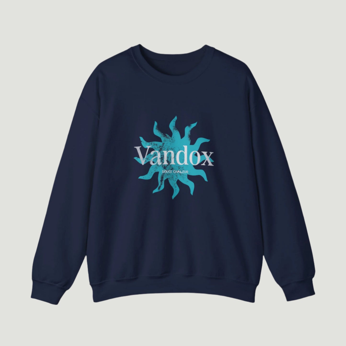 Navy Deep Blue Vandox Azure Heat Crewneck featuring a sunburst graphic and “Douce Chaleur” text, inspired by Mediterranean summer luxury. Starboy old money hoodie sweatshirt clothes vandox sacrevandox vandox clothes vandox clothing crewneck