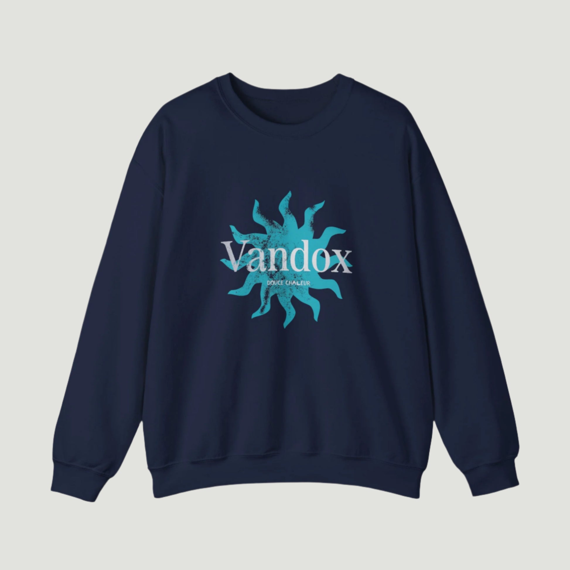 Navy Deep Blue Vandox Azure Heat Crewneck featuring a sunburst graphic and “Douce Chaleur” text, inspired by Mediterranean summer luxury. Starboy old money hoodie sweatshirt clothes vandox sacrevandox vandox clothes vandox clothing crewneck