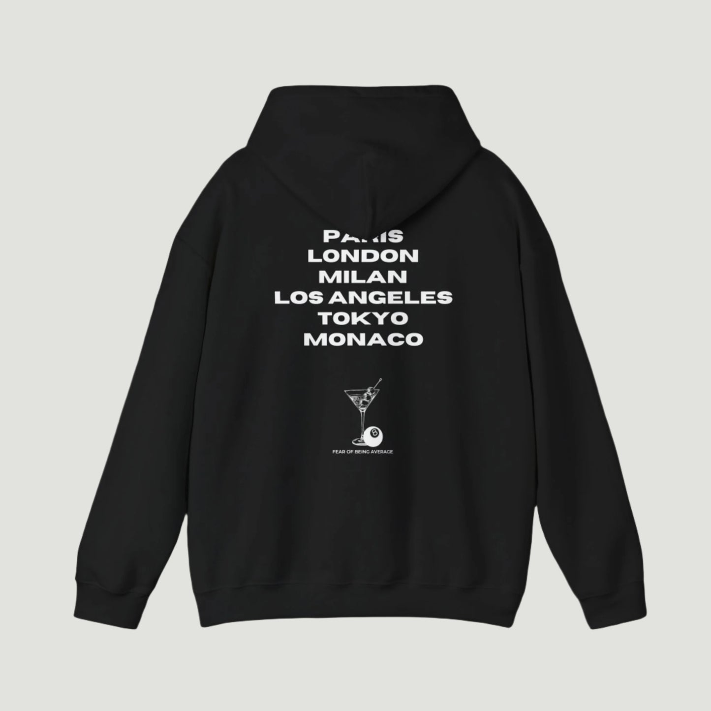 Deep Black Vandox hoodie featuring embroidered martini glass and 8-ball graphic on front, and bold city name typography with "Fear of Being Average" text on back. Starboy old money hoodie sweatshirt clothes vandox sacrevandox vandox clothes vandox clothing