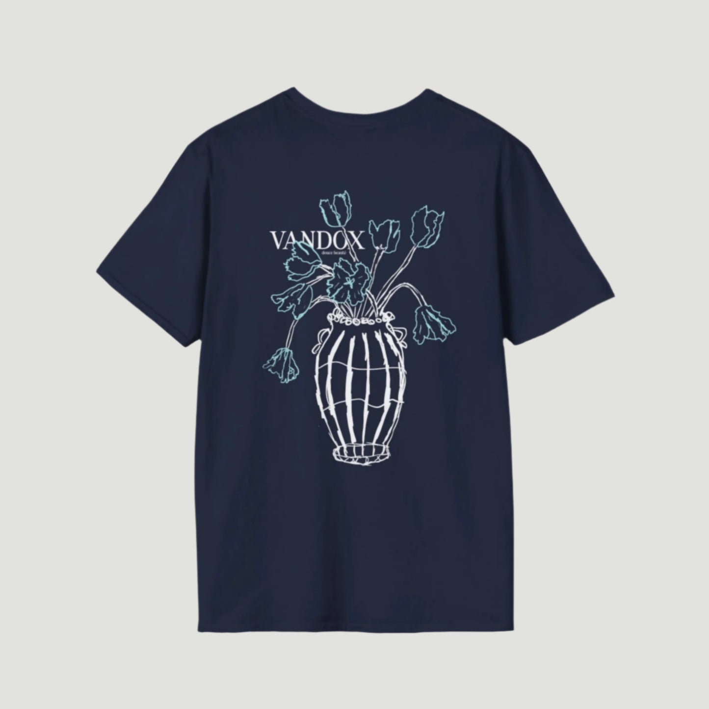Vandox Fleur Déchue T-Shirt in deep navy with an artistic vase and wilted flowers, embodying timeless elegance and starboy sophistication. Starboy old money shirt tshirt clothes vandox sacrevandox vandox clothes vandox clothing