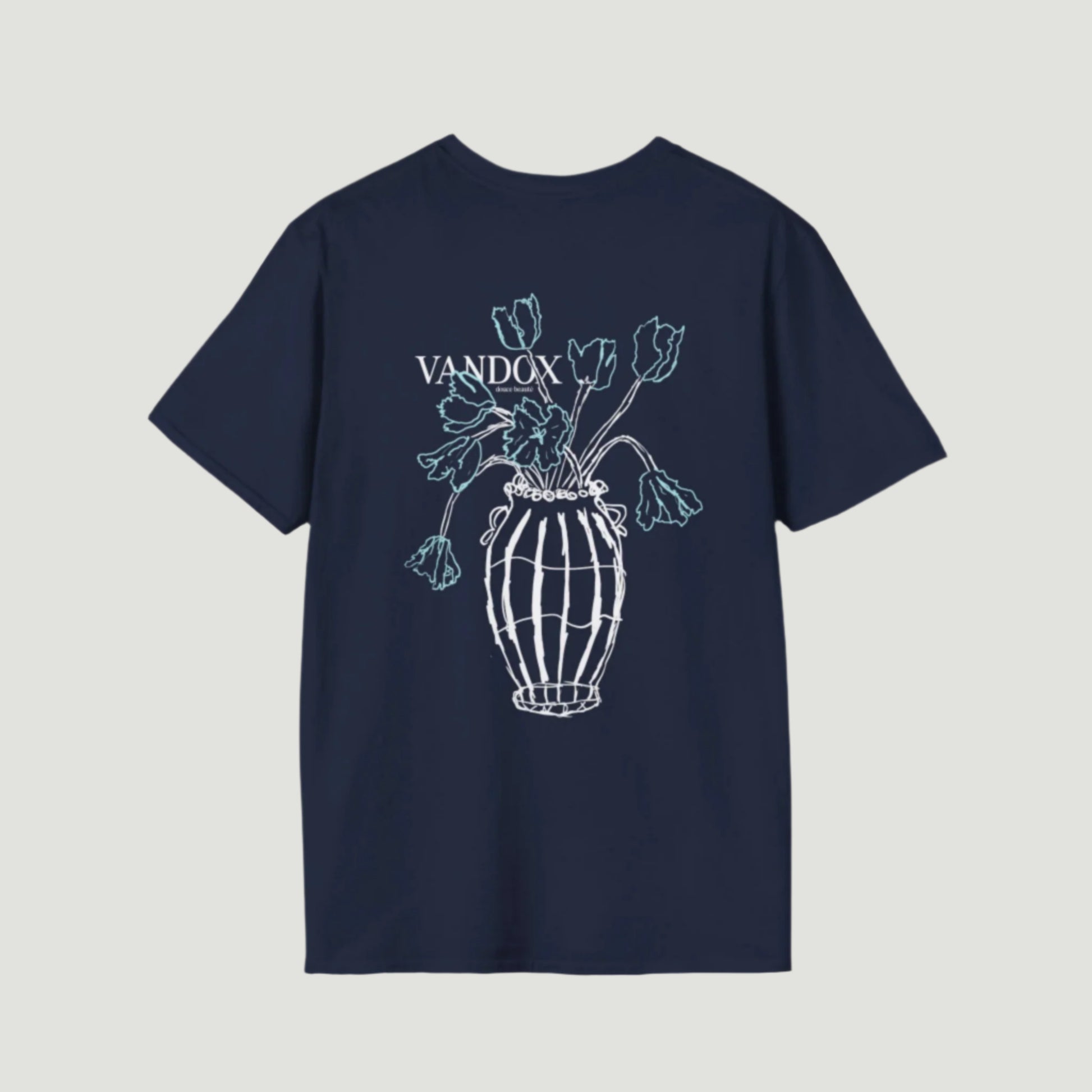 Vandox Fleur Déchue T-Shirt in deep navy with an artistic vase and wilted flowers, embodying timeless elegance and starboy sophistication. Starboy old money shirt tshirt clothes vandox sacrevandox vandox clothes vandox clothing