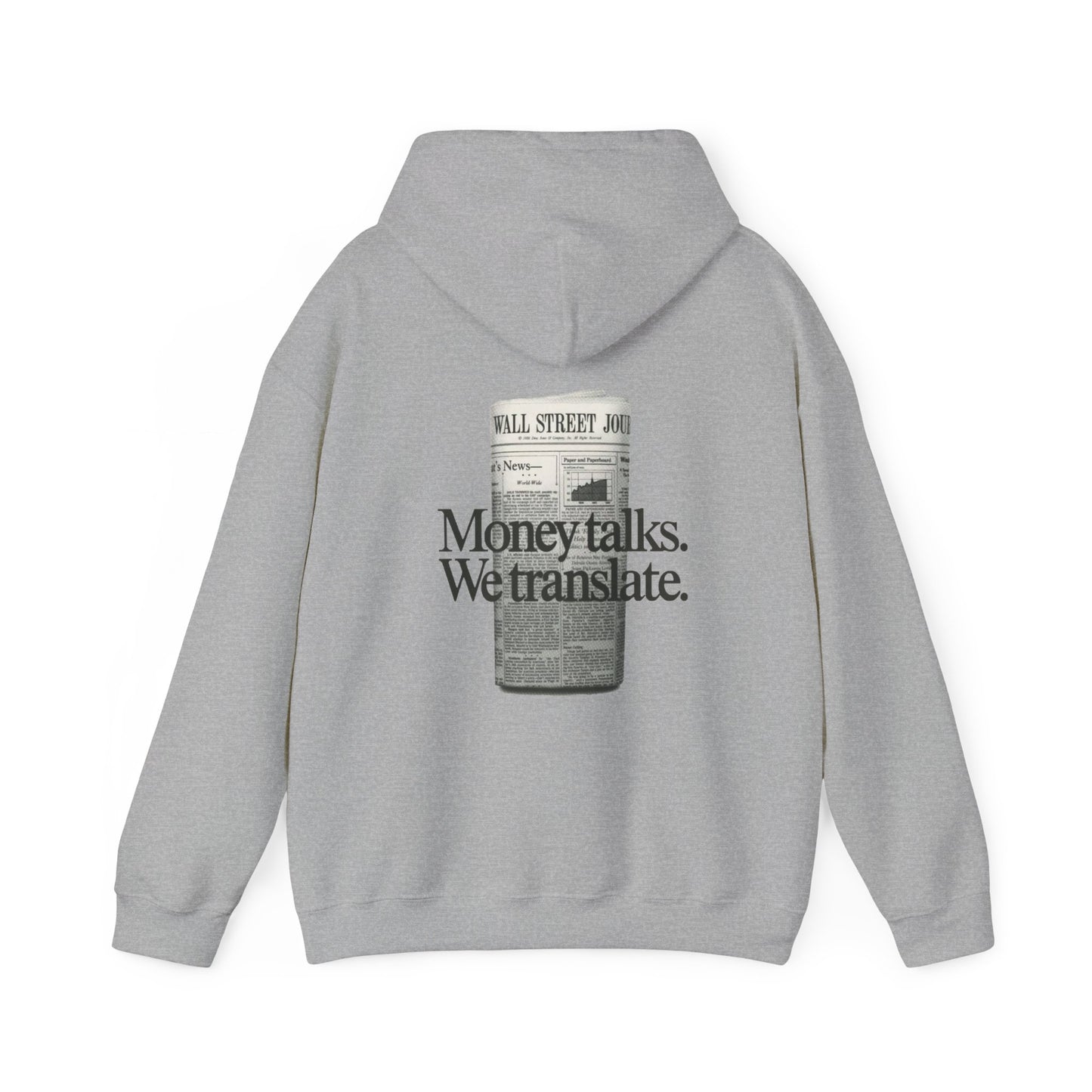 Grey Vandox Hoodie with "Money Talks We Translate" text and a newspaper graphic on the back. Starboy old money hoodie sweatshirt clothes vandox sacrevandox vandox clothes vandox clothing