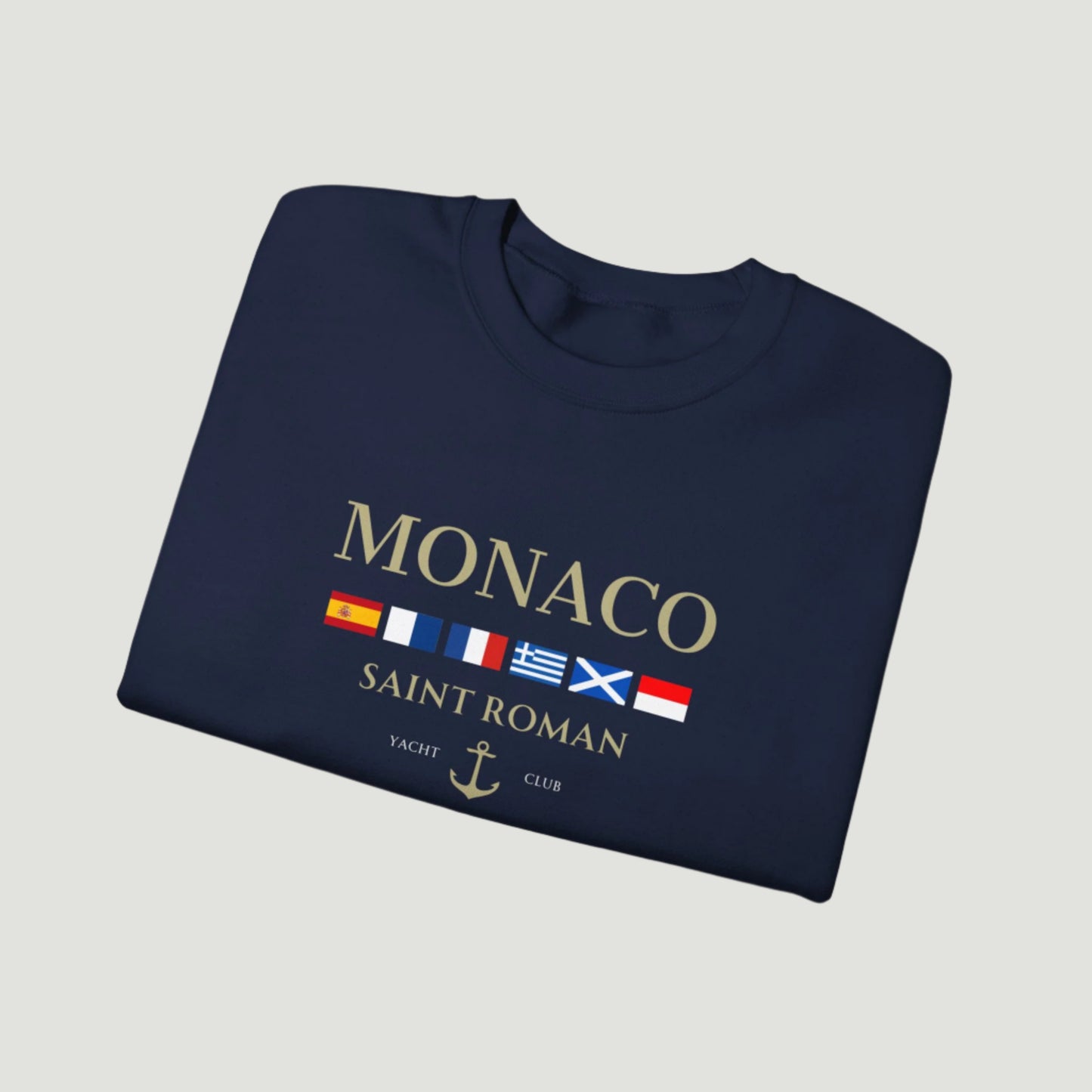 Navy Deep Blue Vandox Monaco Saint Roman Yacht Club crewneck featuring international maritime flags, gold lettering, and anchor detail—blending old money elegance with nautical style. Starboy old money hoodie sweatshirt clothes vandox sacrevandox vandox clothes vandox clothing