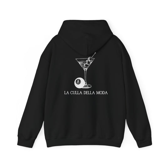 Black Vandox Hoodie with a martini glass, 8-ball, and the phrase "La Culla Della Moda" on the back. Starboy old money hoodie sweatshirt clothes vandox sacrevandox vandox clothes vandox clothing