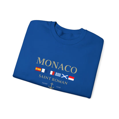 Blue Royal Blue Vandox Monaco Saint Roman Yacht Club crewneck with international flags and anchor graphic on the front and crossed nautical flags with "Yacht Club" on the back. Starboy old money hoodie sweatshirt clothes vandox sacrevandox vandox clothes vandox clothing crewneck