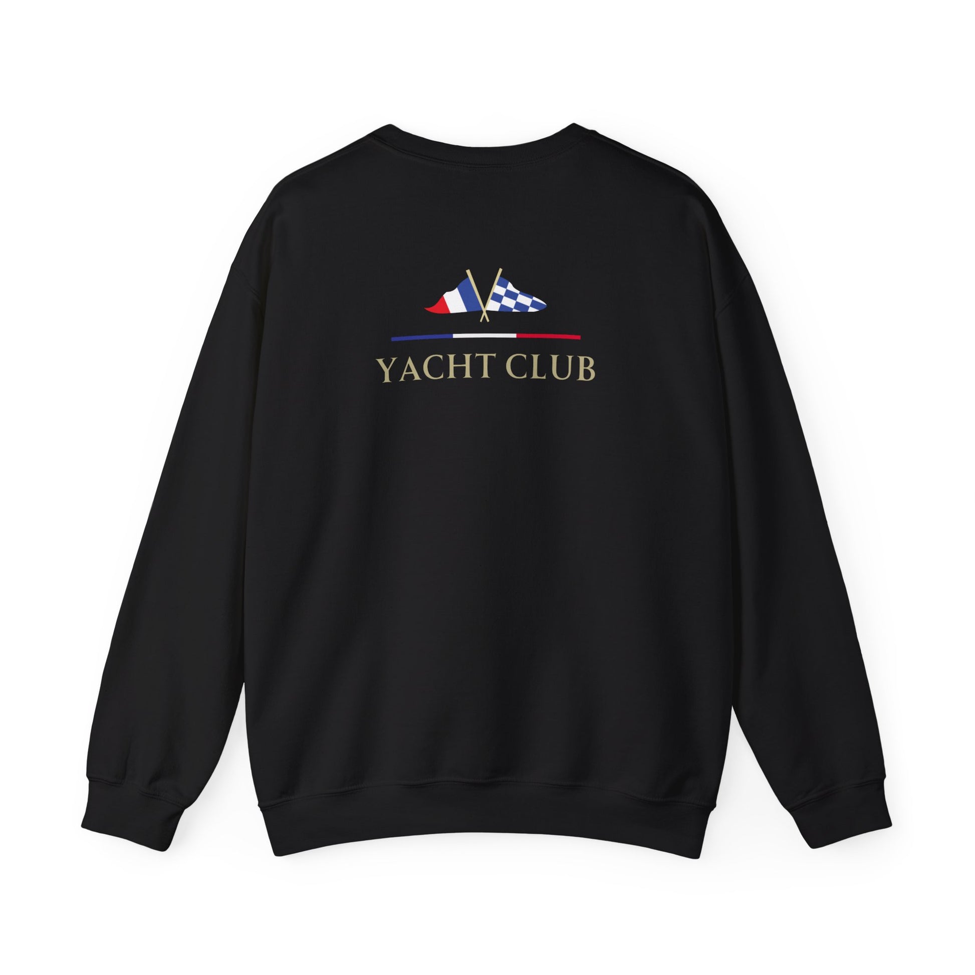 Black Vandox Monaco Saint Roman Yacht Club crewneck with international flags and anchor graphic on the front and crossed nautical flags with "Yacht Club" on the back. Starboy old money hoodie sweatshirt clothes vandox sacrevandox vandox clothes vandox clothing crewneck