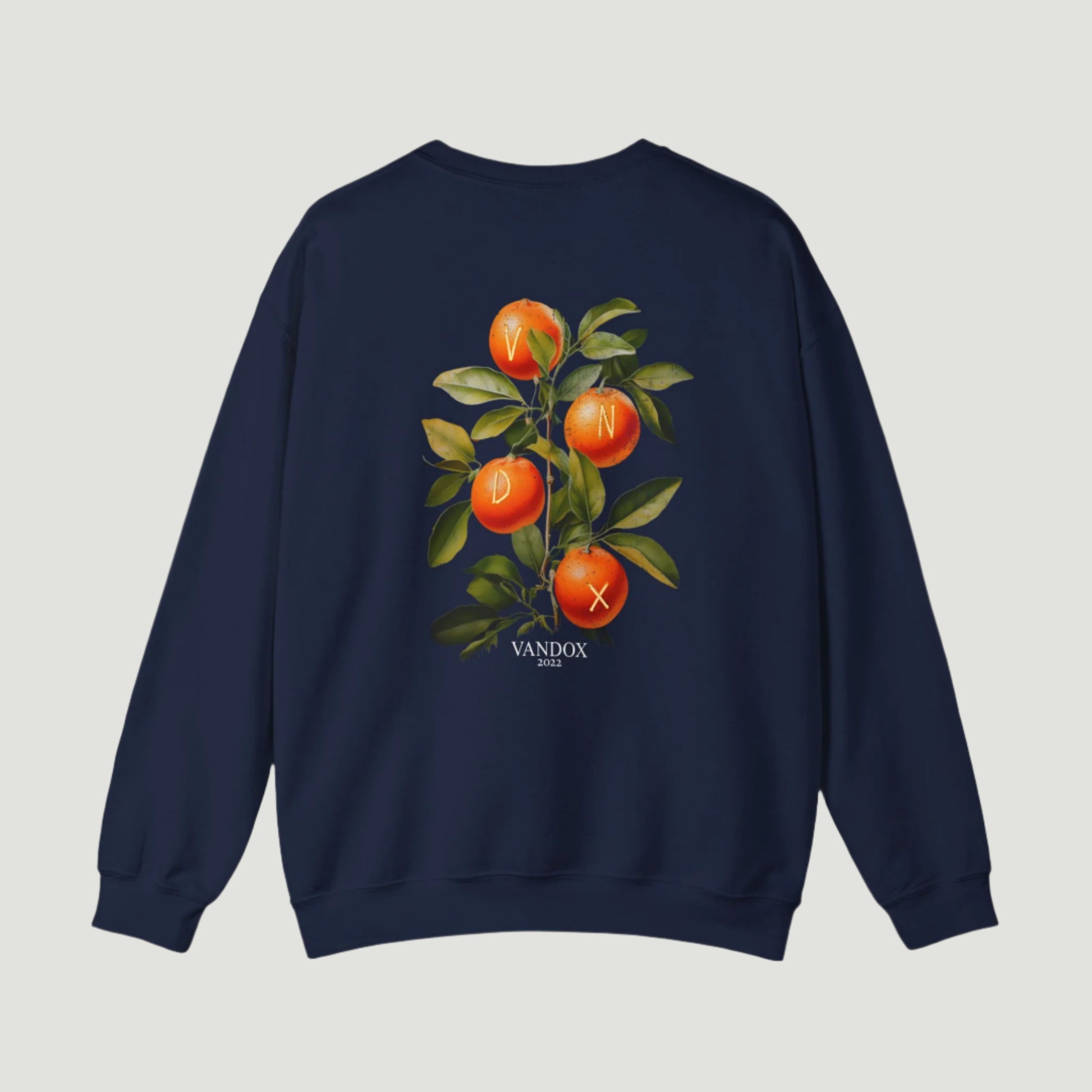 Navy Deep Blue Vandox Riviera Grove Crewneck featuring an illustrated orange branch with VNDX initials, inspired by Mediterranean orchards and old money lifestyle. Starboy old money hoodie sweatshirt clothes vandox sacrevandox vandox clothes vandox clothing crewneck