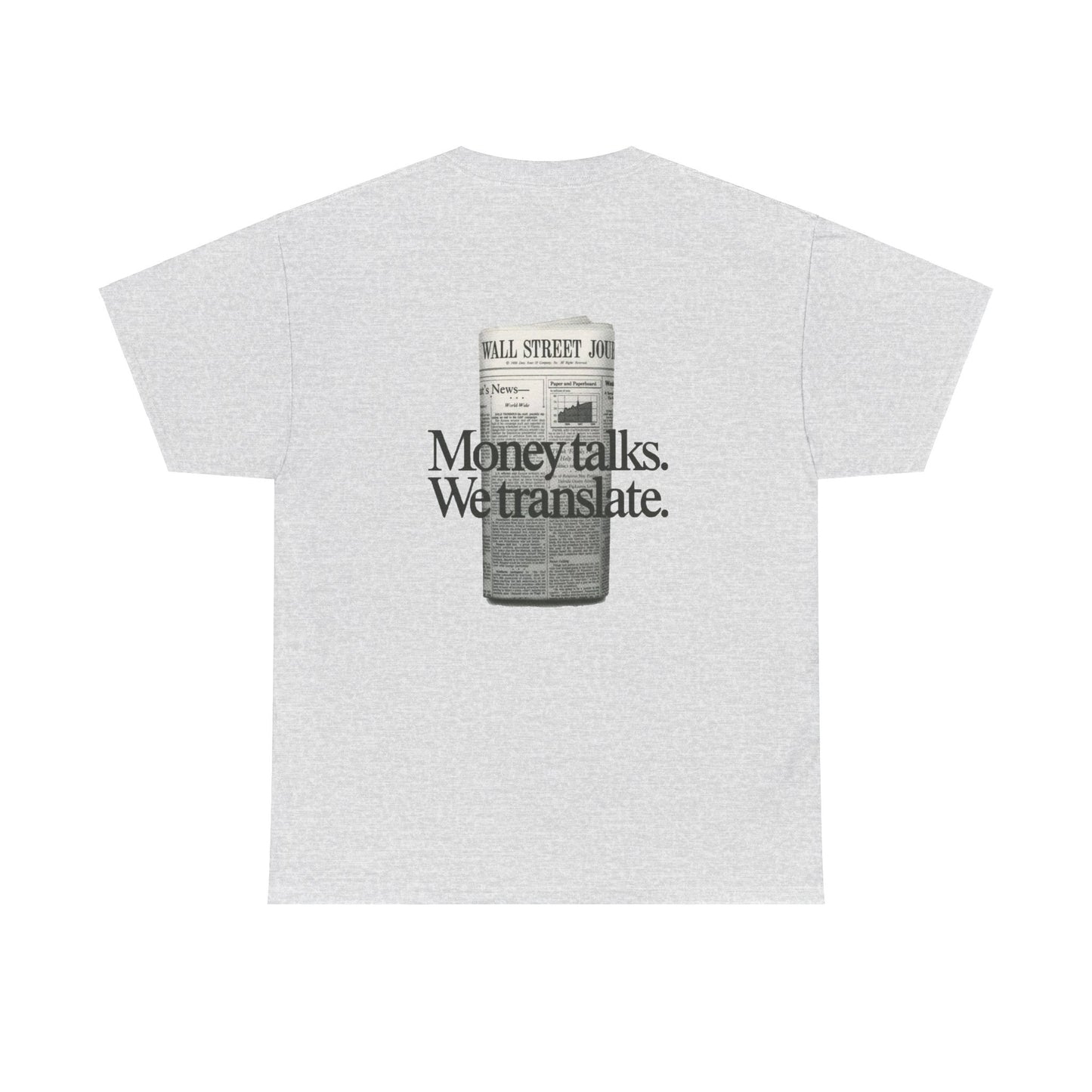 Grey Vandox T-shirt with "Money Talks We Translate" text and a newspaper graphic on the back. Starboy old money shirt tshirt clothes vandox sacrevandox vandox clothes vandox clothing