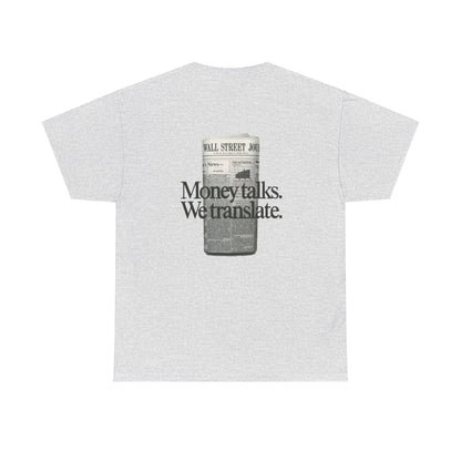 Grey Vandox T-shirt with "Money Talks We Translate" text and a newspaper graphic on the back. Starboy old money shirt tshirt clothes vandox sacrevandox vandox clothes vandox clothing