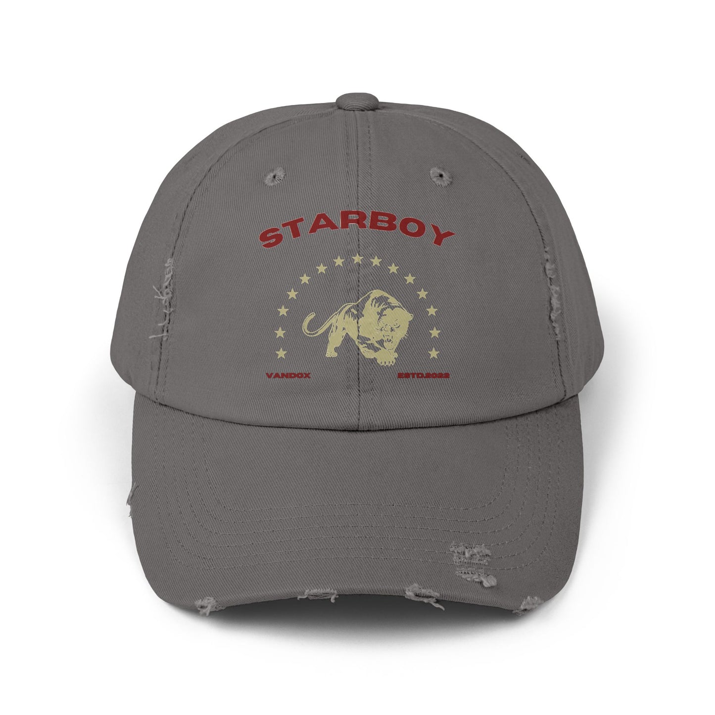 grey Vandox Hat with fierce lion graphic surrounded by stars, with bold 'Starboy' text above. Hat Cap Baseball Cap Baseball Hat starboy hat old money hats vandox sacre vandox sacrevandox vandox clothing