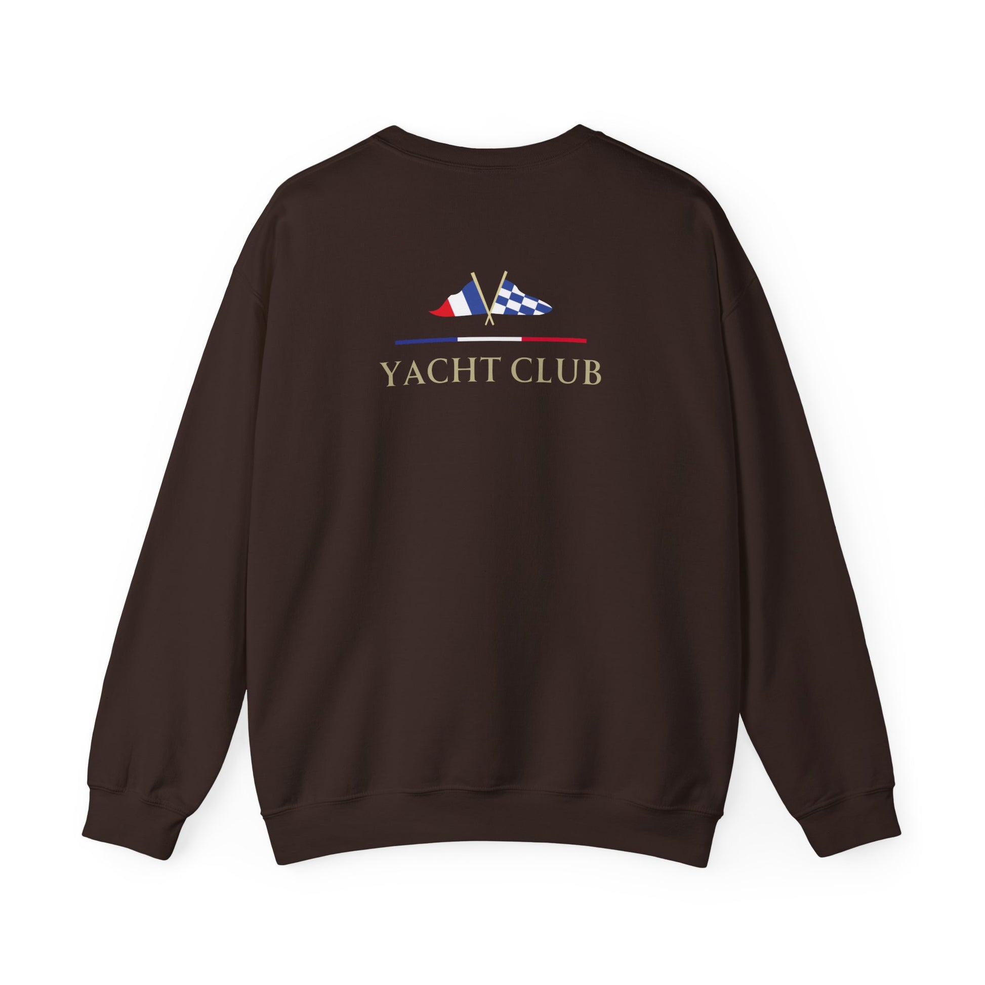 Dark chocolate brown Vandox Monaco Saint Roman Yacht Club crewneck with international flags and anchor graphic on the front and crossed nautical flags with "Yacht Club" on the back. Starboy old money hoodie sweatshirt clothes vandox sacrevandox vandox clothes vandox clothing crewneck