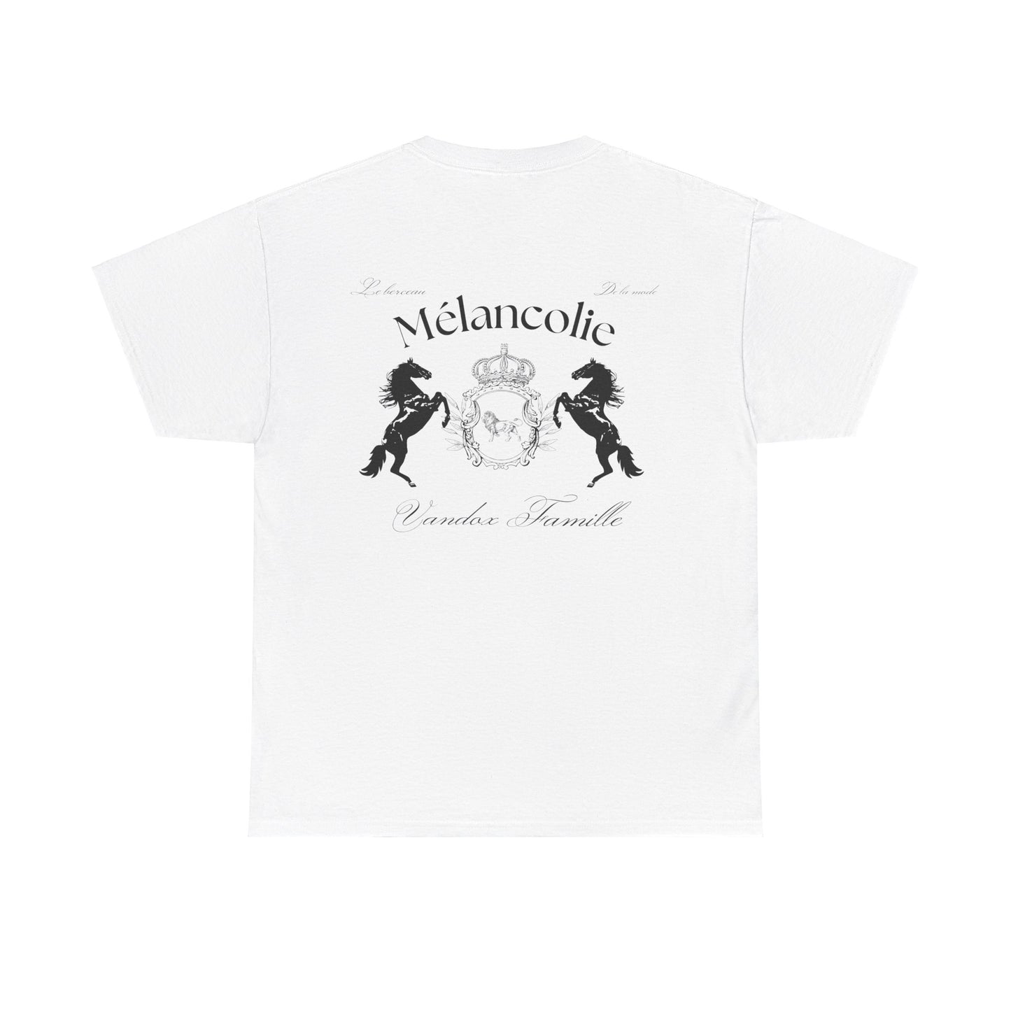  White Vandox t-shirt with regal crest, two horses, and "Mélancolie" and "Vandaux Famille" text on the back. Starboy old money shirt tshirt clothes vandox sacrevandox vandox clothes vandox clothing