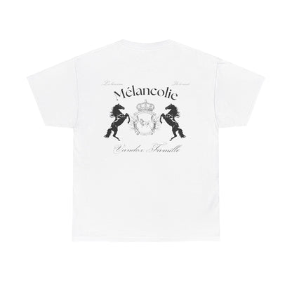  White Vandox t-shirt with regal crest, two horses, and "Mélancolie" and "Vandaux Famille" text on the back. Starboy old money shirt tshirt clothes vandox sacrevandox vandox clothes vandox clothing