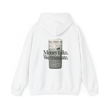 White Vandox Hoodie with "Money Talks We Translate" text and a newspaper graphic on the back. Starboy old money hoodie sweatshirt clothes vandox sacrevandox vandox clothes vandox clothing