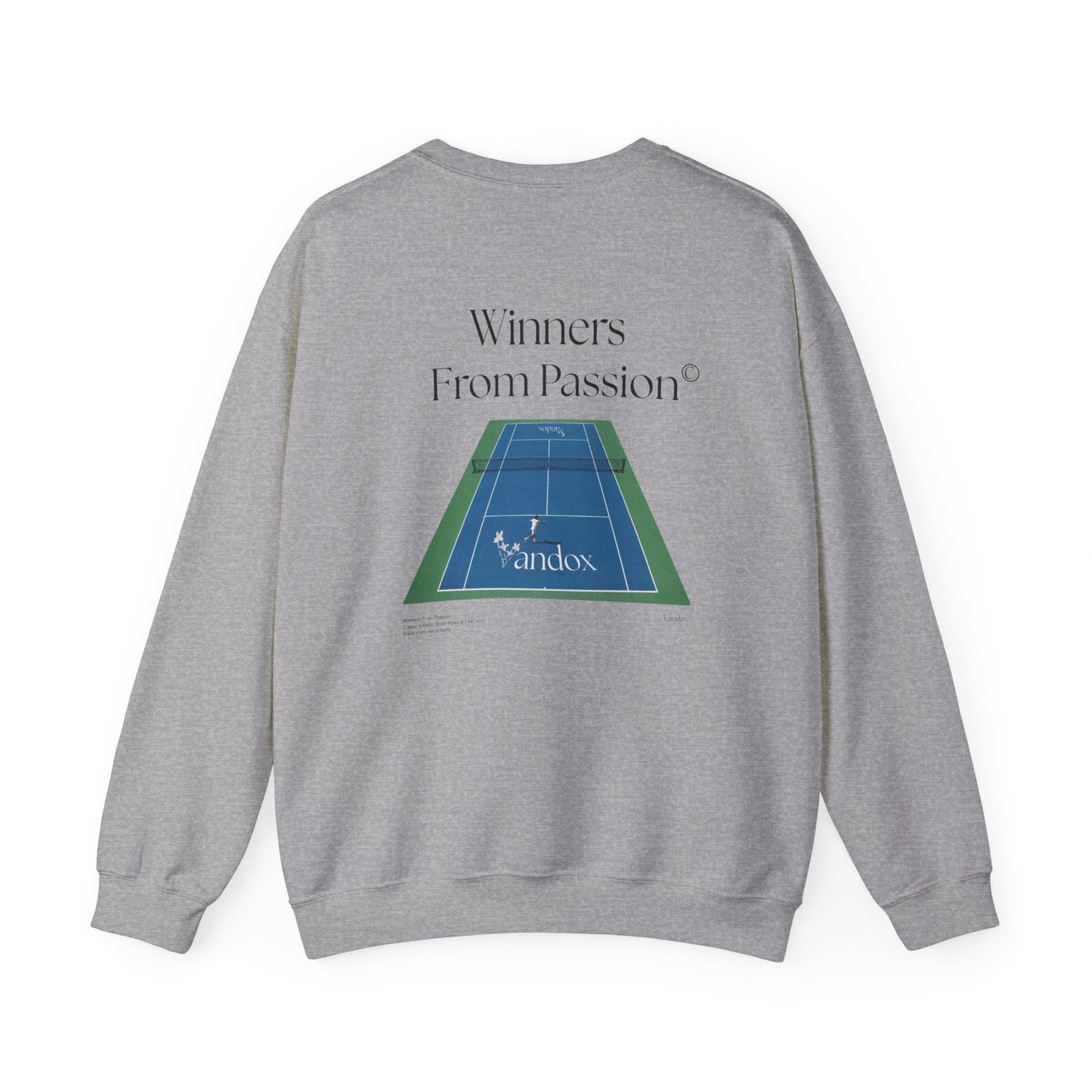 Sport grey VANDOX Tennis Court Crewneck with VNX Vandox logo and tennis court design and "Winners From Passion" slogan. Starboy old money hoodie sweatshirt clothes vandox sacrevandox vandox clothes vandox clothing crewneck