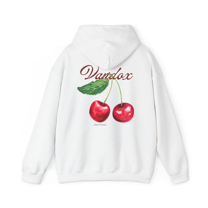 White Vandox hoodie front featuring an embroidered cherry graphic and Vandox logo; back of hoodie with a bold cherry illustration and elegant script. Starboy old money hoodie sweatshirt clothes vandox sacrevandox vandox clothes vandox clothing