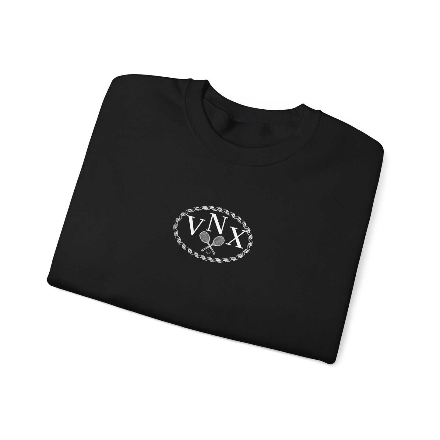 Black VANDOX Tennis Court Crewneck with VNX Vandox logo and tennis court design and "Winners From Passion" slogan. Starboy old money hoodie sweatshirt clothes vandox sacrevandox vandox clothes vandox clothing crewneck