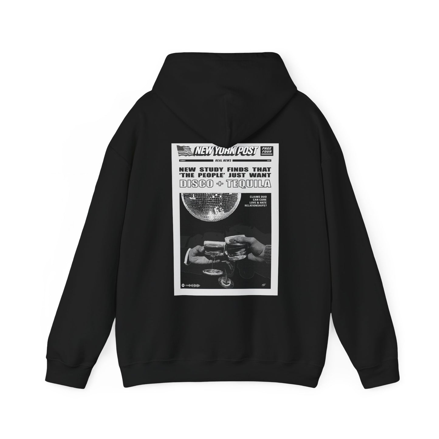 Black Vandox graphic Hoodie with newspaper-style graphic Disco + Tequila Graphic Hoodie back view - Vandox. Starboy old money hoodie sweatshirt clothes vandox sacrevandox vandox clothes vandox clothing