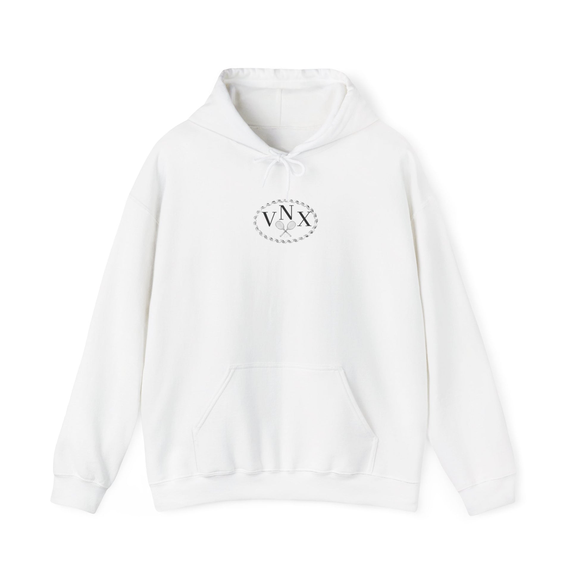 White VANDOX Tennis Court Hoodie with VNX Vandox logo and tennis court design and "Winners From Passion" slogan. Starboy old money hoodie sweatshirt clothes vandox sacrevandox vandox clothes vandox clothing