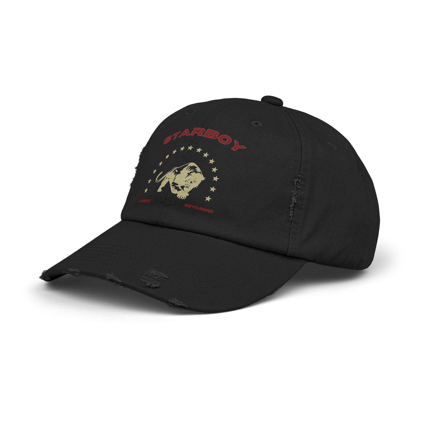 black Vandox Hat with fierce lion graphic surrounded by stars, with bold 'Starboy' text above. Hat Cap Baseball Cap Baseball Hat starboy hat old money hats vandox sacre vandox sacrevandox vandox clothing