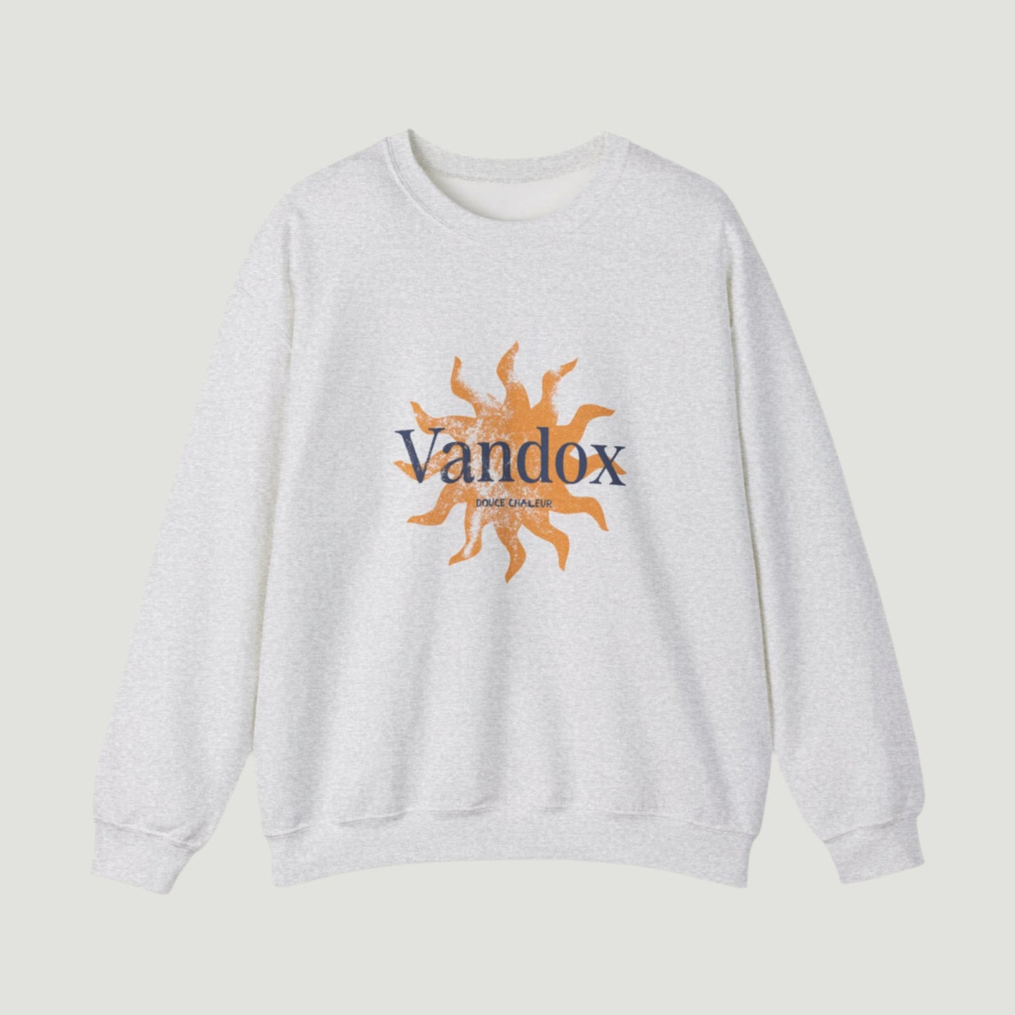 Ash Sport Grey Vandox Azure Heat Crewneck featuring a sunburst graphic and “Douce Chaleur” text, inspired by Mediterranean summer luxury. Starboy old money hoodie sweatshirt clothes vandox sacrevandox vandox clothes vandox clothing crewneck