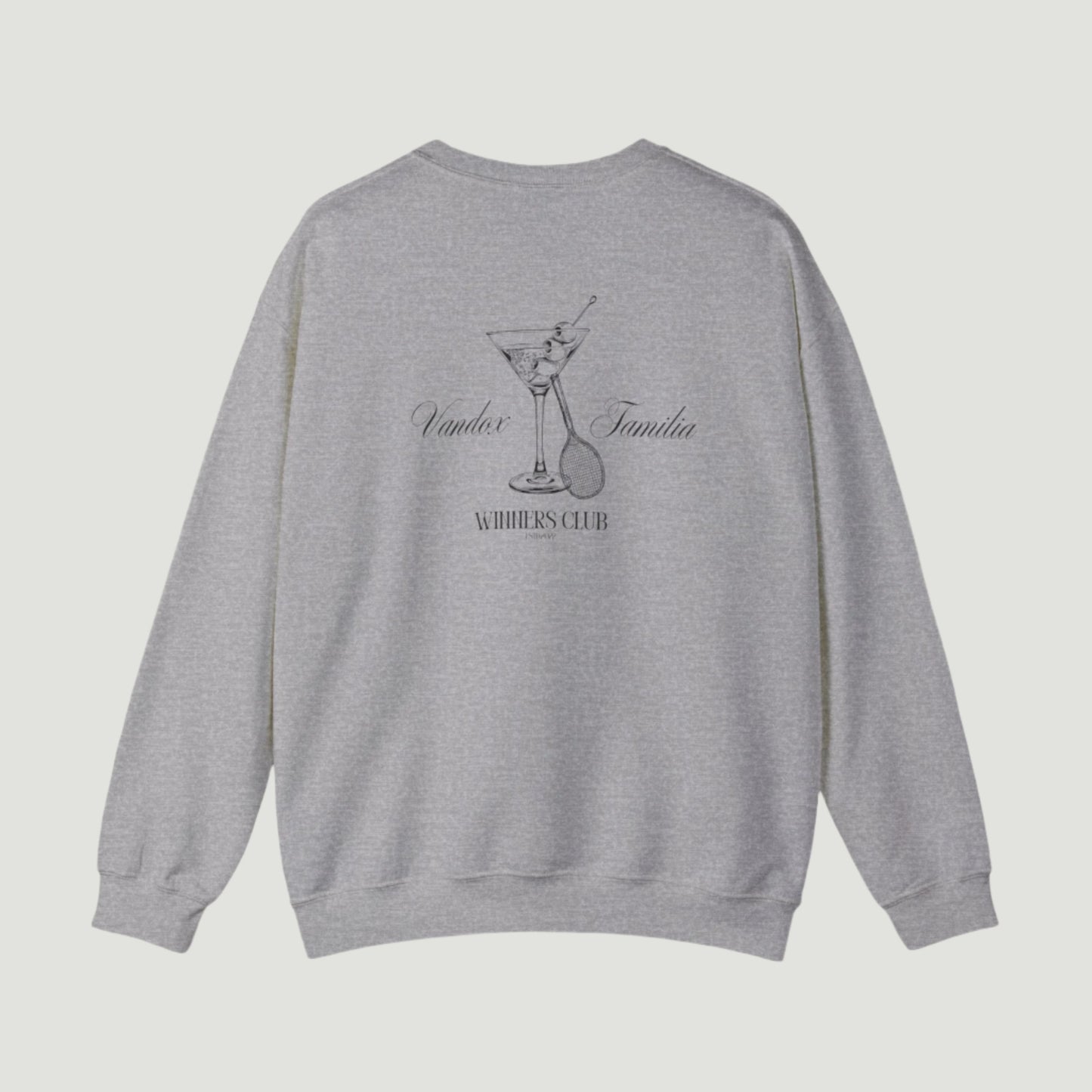 Grey Sport Grey Vandox Martini Crewneck featuring a detailed martini glass and "Winners Club" design on the back, perfect for stylish fall wear. Starboy old money hoodie sweatshirt clothes vandox sacrevandox vandox clothes vandox clothing crewneck