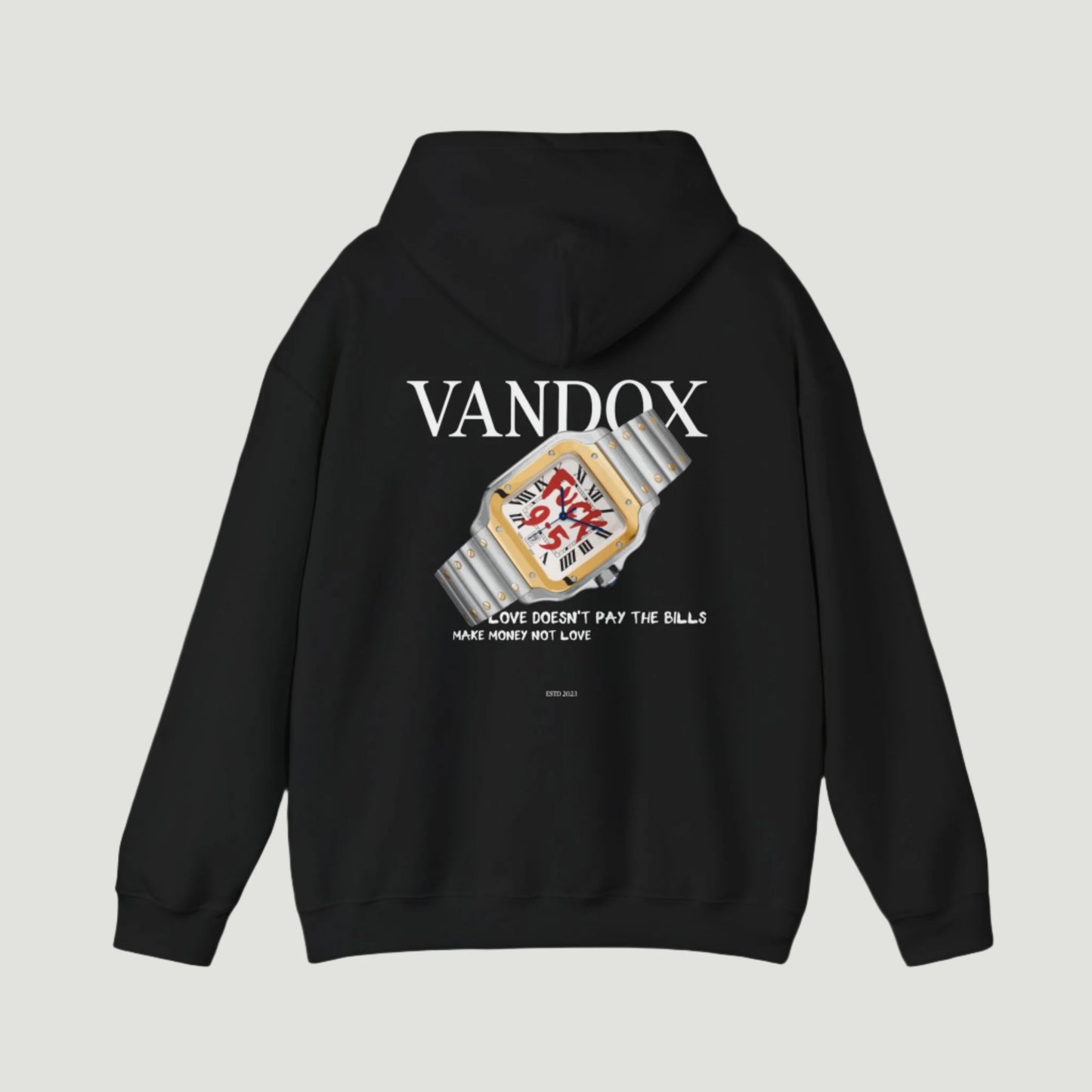 Black Vandox Break The Clock Hoodie featuring a luxury watch with a rebellious message, symbolizing financial freedom and starboy ambition. Starboy old money hoodie sweatshirt clothes vandox sacrevandox vandox clothes vandox clothing