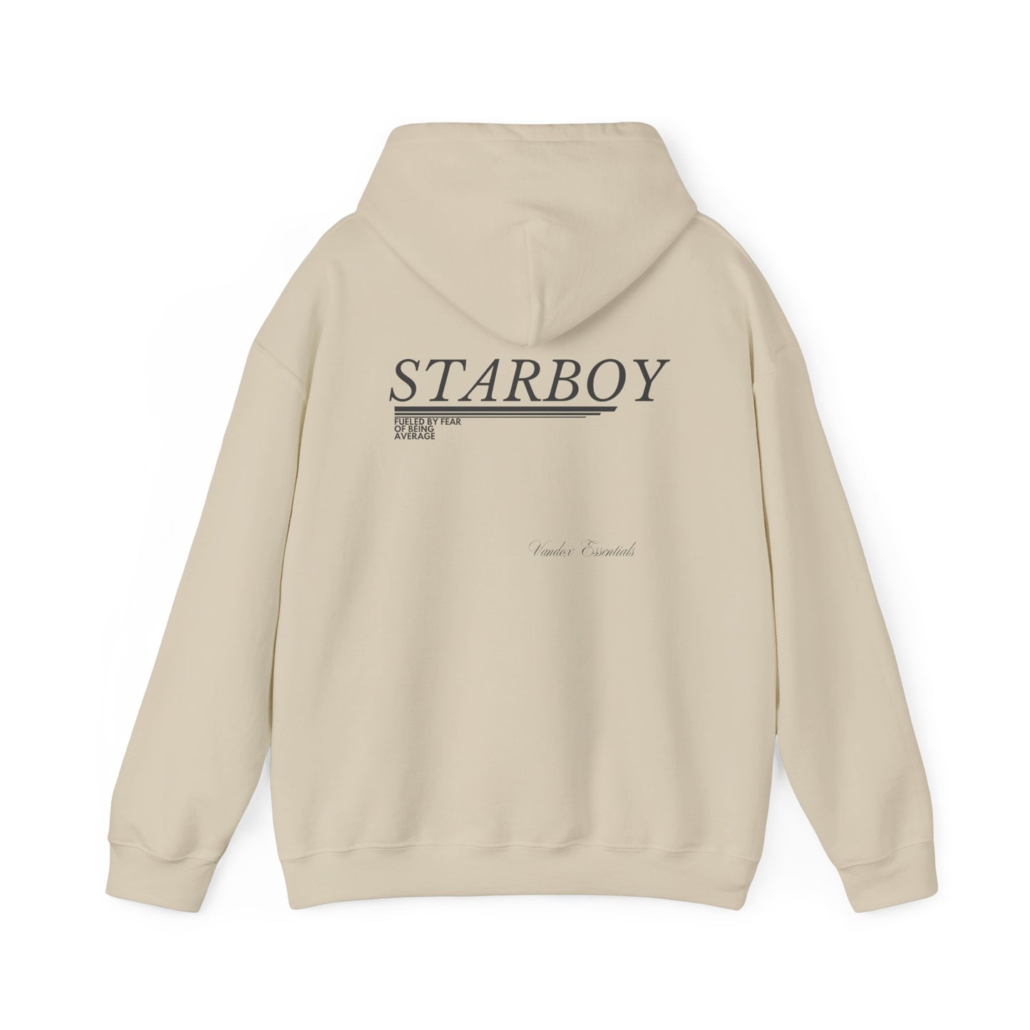 Sand Cream Vandox Starboy hoodie with minimalist black text design and "Vander Essentials" branding on the back, ideal for casual and stylish streetwear looks. Starboy old money hoodie sweatshirt clothes vandox sacrevandox vandox clothes vandox clothing