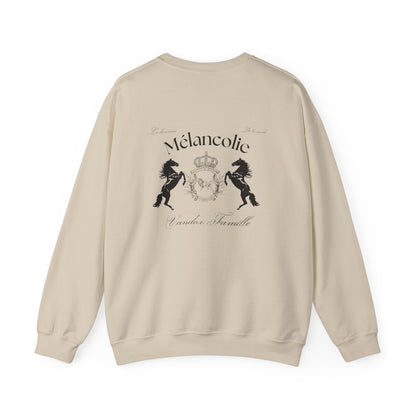 Cream Sand Vandox Hoodie with regal crest, two horses, and "Mélancolie" and "Vandox Famille" text on the back. Starboy old money hoodie sweatshirt clothes vandox sacrevandox vandox clothes vandox clothing crewneck autumn clothes no hood fall clothes 