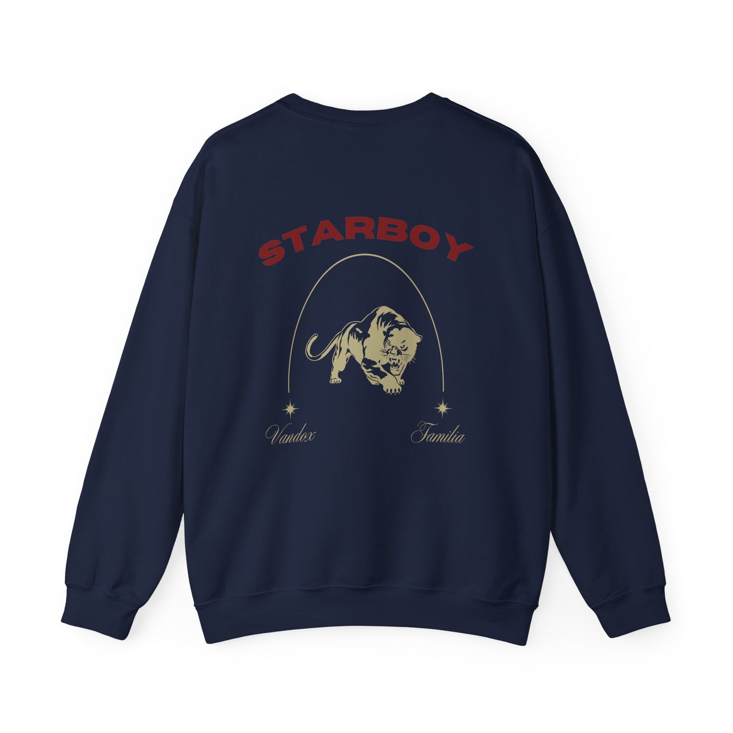 Dark Blue Navy Vandox Crewneck with STARBOY on the back, golden lion surrounded by a majestic golden arch, and a small golden logo featuring a star, and text 'vandox familia starboy essential'. Starboy old money hoodie sweatshirt clothes vandox sacrevandox vandox clothes vandox clothing crewneck