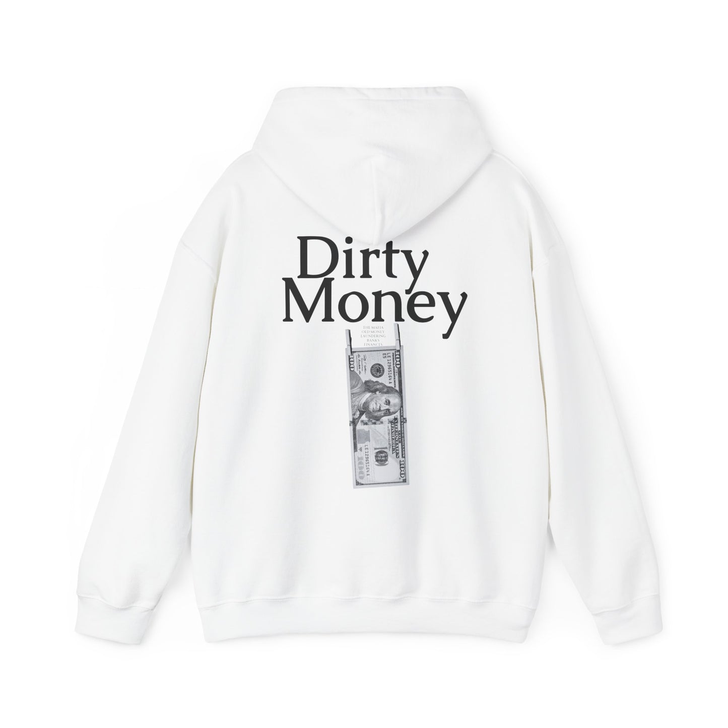 White Vandox Hoodie with "Dirty Money" text and a graphic of a banknote hanging to dry on the back. Starboy old money hoodie sweatshirt clothes vandox sacrevandox vandox clothes vandox clothing