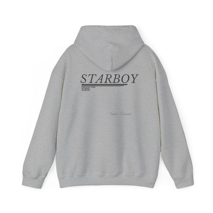 Sport Grey Vandox Starboy hoodie with minimalist black text design and "Vander Essentials" branding on the back, ideal for casual and stylish streetwear looks. Starboy old money hoodie sweatshirt clothes vandox sacrevandox vandox clothes vandox clothing